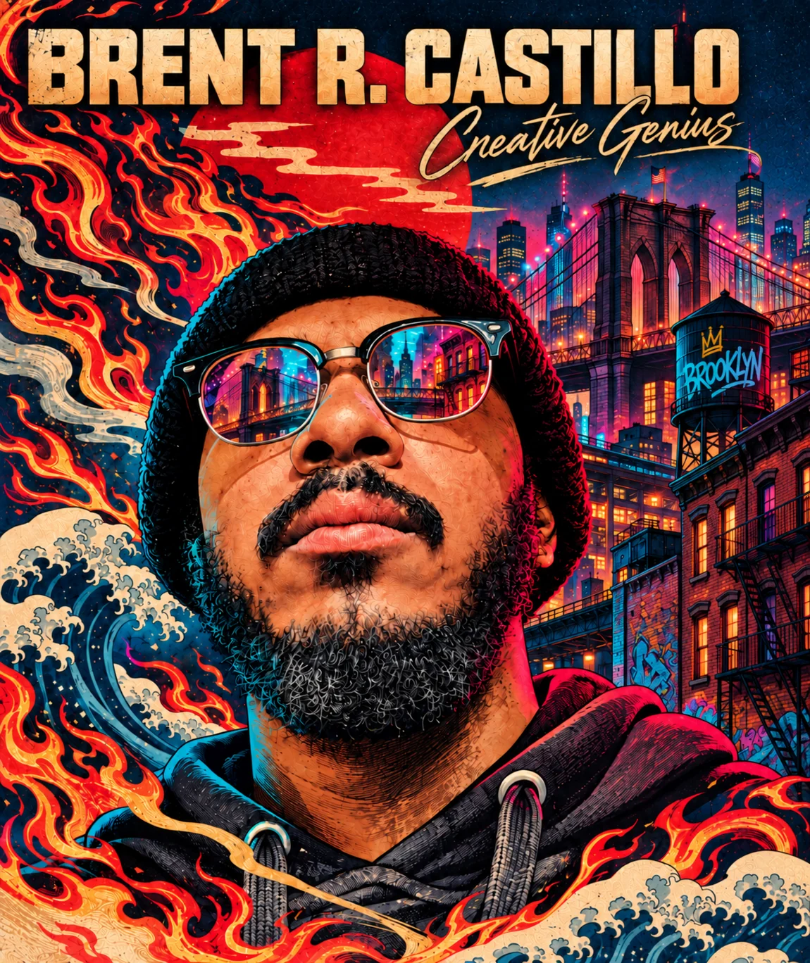 Brent R. Castillo, Creative Genius: illustrated portrait with Brooklyn scenery